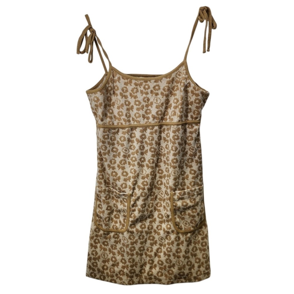 Teddy Fresh Mini‎ Dress Womens Large Brown Floral Terry Cloth Tie Strap Pockets